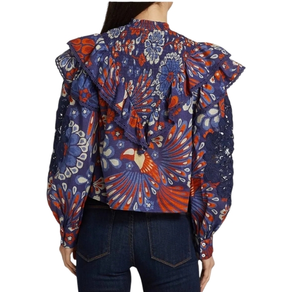 Farm Rio Pineapple Flowers High Neck Ruffles & Lace Blouse, EUC, size Small - Picture 3 of 13